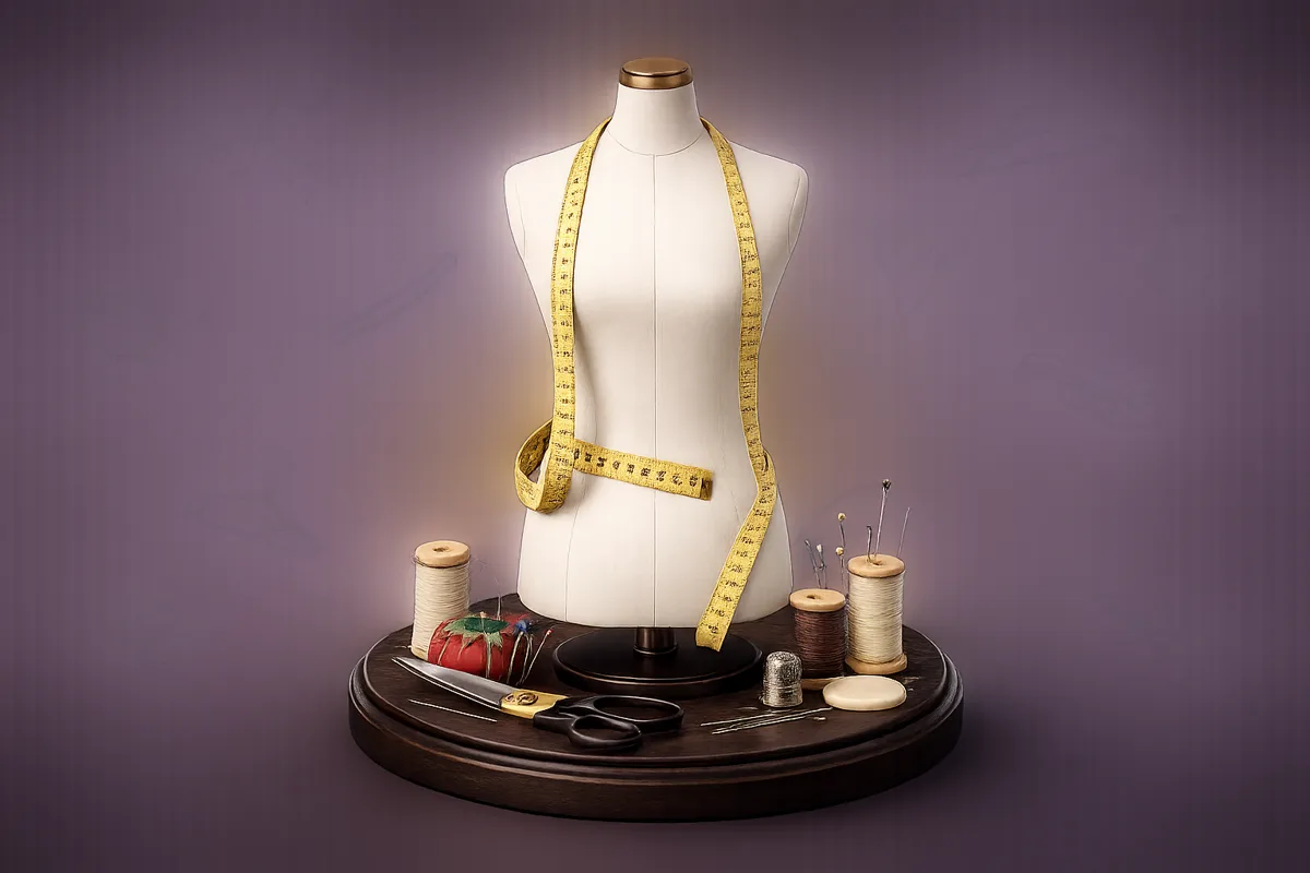 A tailor's mannequin with a measuring tape, scissors and thread